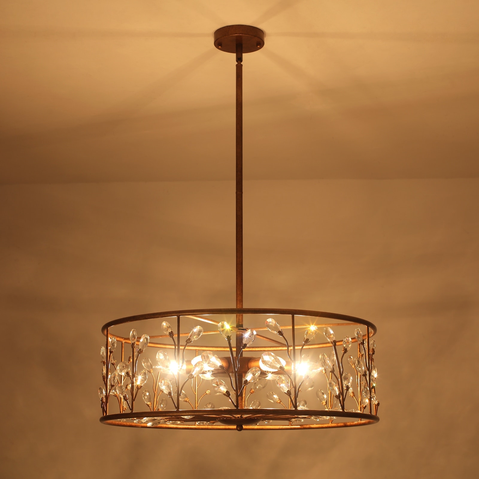 Rustic Antique Bronze Crystal Drum Chandelier for Dining Room