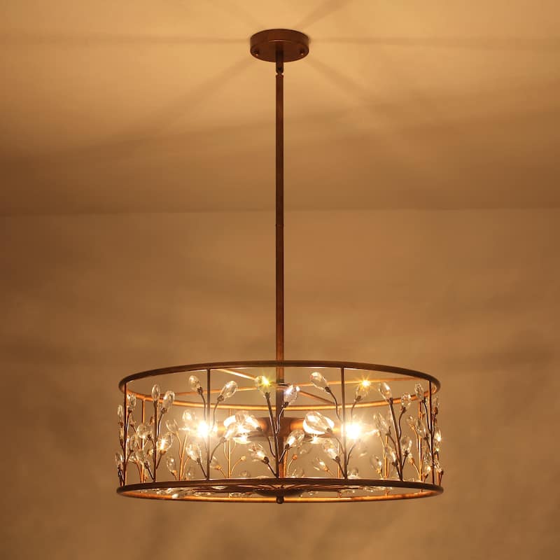 Rustic Antique Bronze Crystal Drum Chandelier for Dining Room - W23.62"