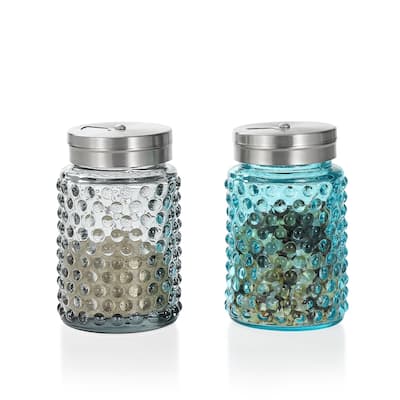 Set of 2 Blue and Clear Glass Salt and Pepper Shakers with Hobnail Design Ideal for Dining Table Decor - N/A