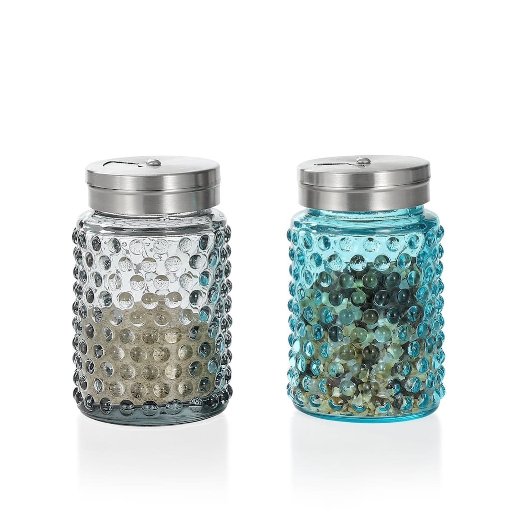 Set of 2 Blue and Clear Glass Salt and Pepper Shakers with Hobnail Design Ideal for Dining Table Decor