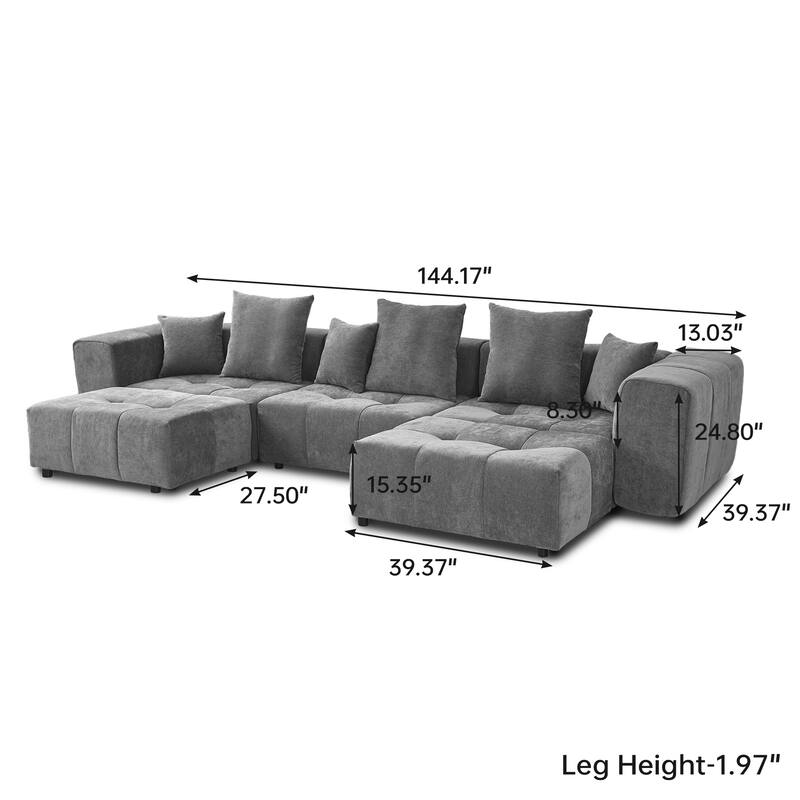 144.17" Linen Sectional Sofa U-shaped Modular Couch Wide Armrest Sofa with Pillows for Living Room