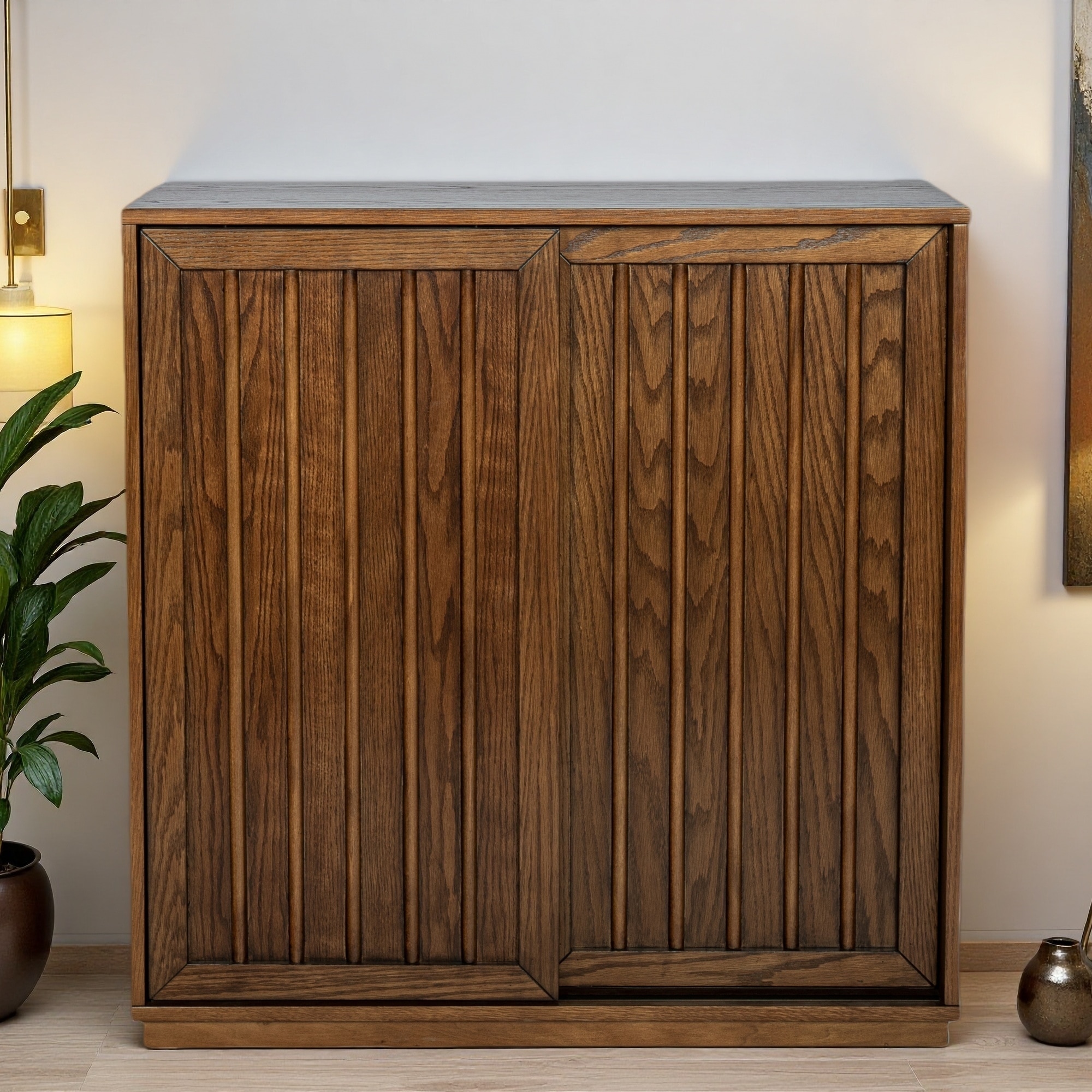 Mid-Century Sideboard with Sliding Doors & Solid Wood Trim