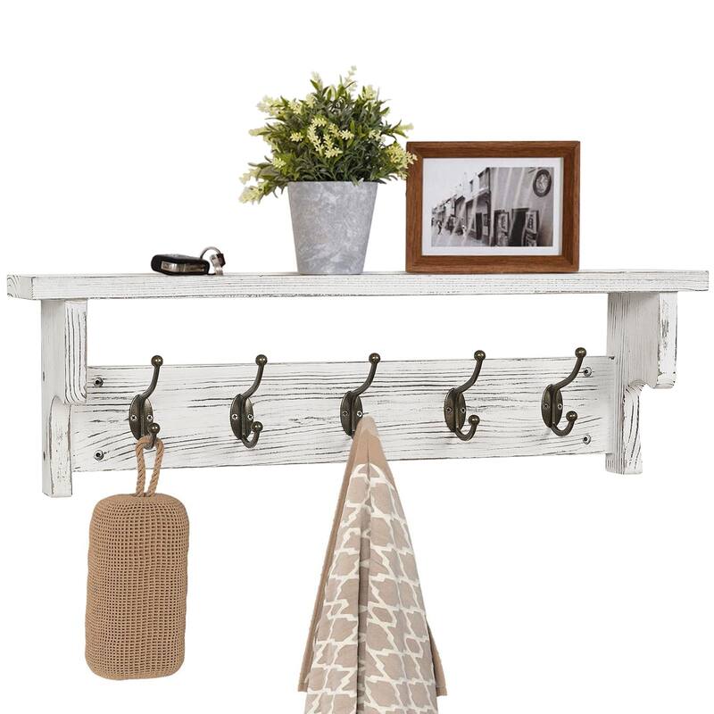 5/8 Metal Hooks Rustic Wall Mounted Coat Rack w/ Storage Shelf