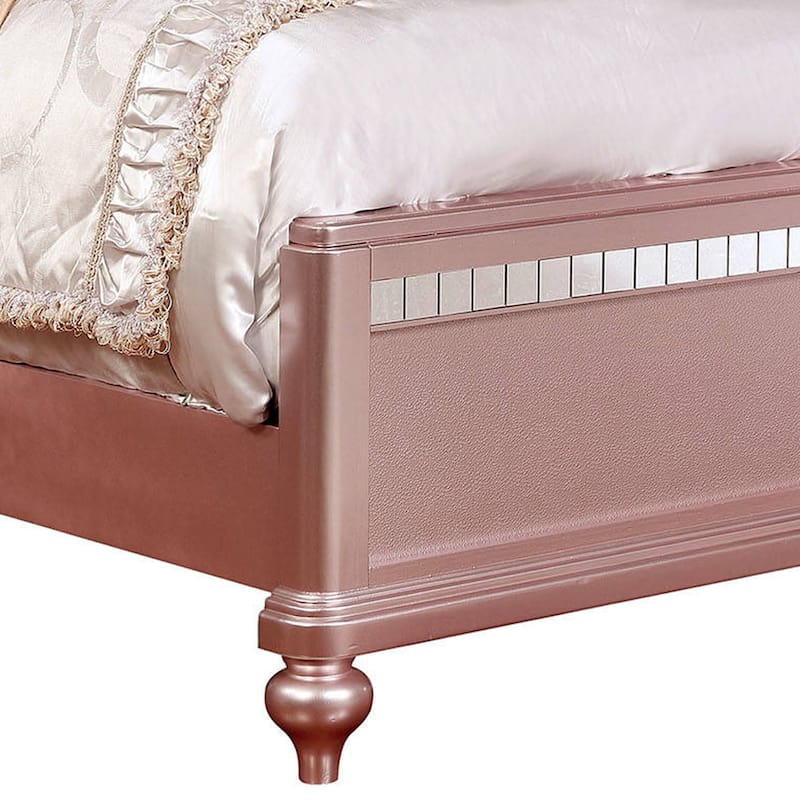 Twin Size Wooden Bed With Mirror Trim Details and Camelback Headboard, Pink
