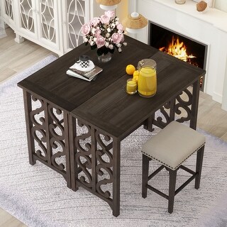 3-Piece Retro Dining Set Solid Wood Counter Height Pub Set Foldable ...
