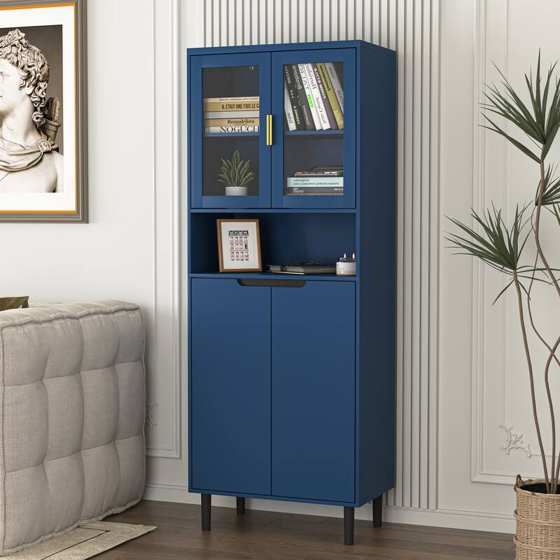 Tall Storage Show Cabinet with 2 Glass Display Door & 2 Doors, Modern Cabinet Freestanding for Bathroom, Dining Living Room - Blue