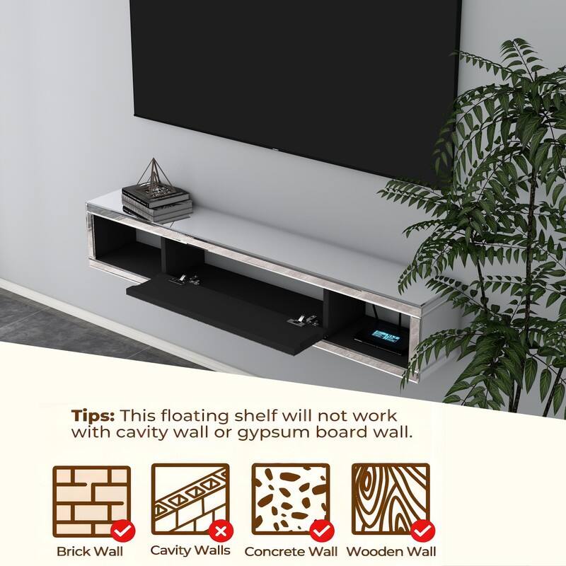 Mirrored Floating TV Shelf Crushed Diamonds Wall Mounted