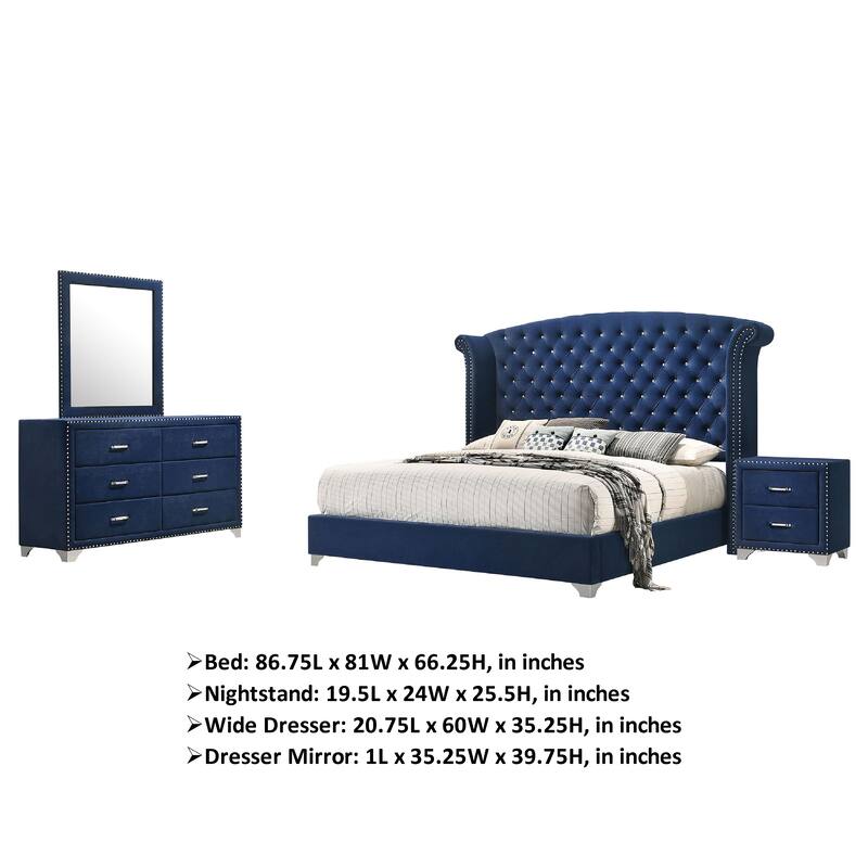Giya 4pc Queen Bedroom Set, Classic Tufted Dark Blue Velvet Upholstery