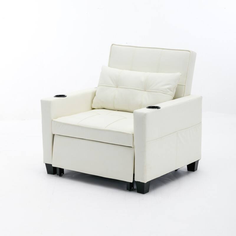 3-in-1 Convertible Sofa Chair,Pull Out Sleeper Chair with USB Ports and Cup Holders（Leather）
