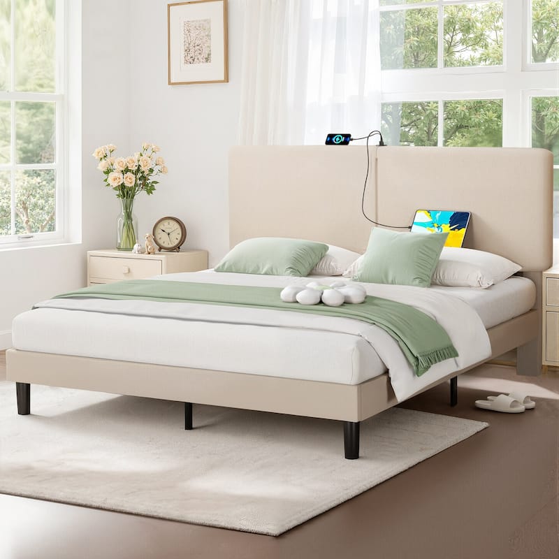 VECELO Adjustable Upholstered Split Headboard Bed Frame with Charging Station USB Port Type C No Box Spring Needed Noiseless Bed