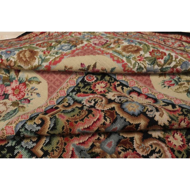 7'8''x9'8'' Hand Woven Wool Black Aubusson Needlepoint Floral Area Rug - 7' 8'' x 9' 8''