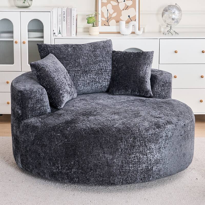 Round Accent Chair with High-Resilience Cushions, Swivel Chenille Barrel Chair, Fluffy Sleeper Lounge Chair