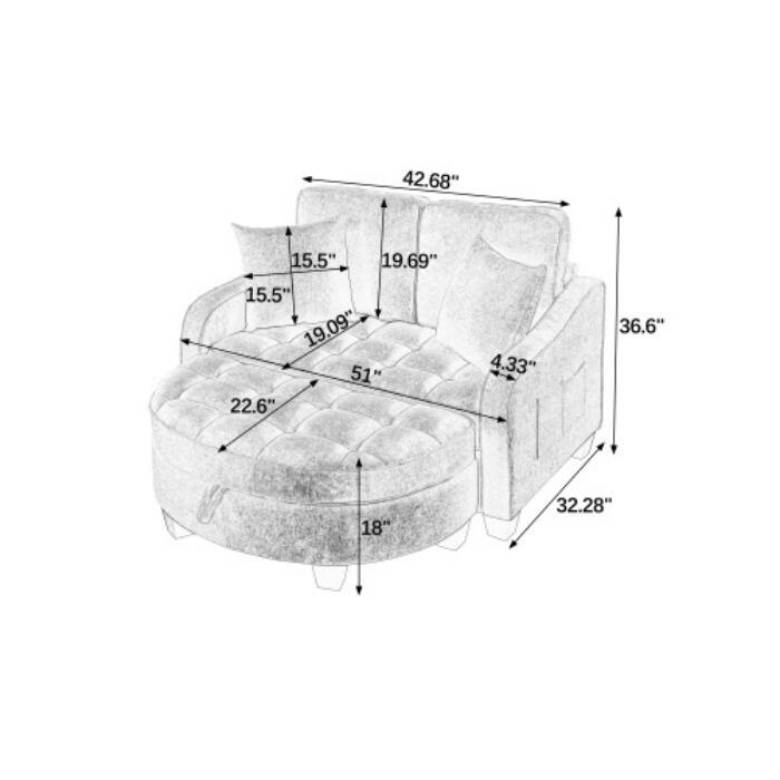 Two-Seater Chaise Lounge with Storage Footrest and Pillows, Irregular Armrest Design