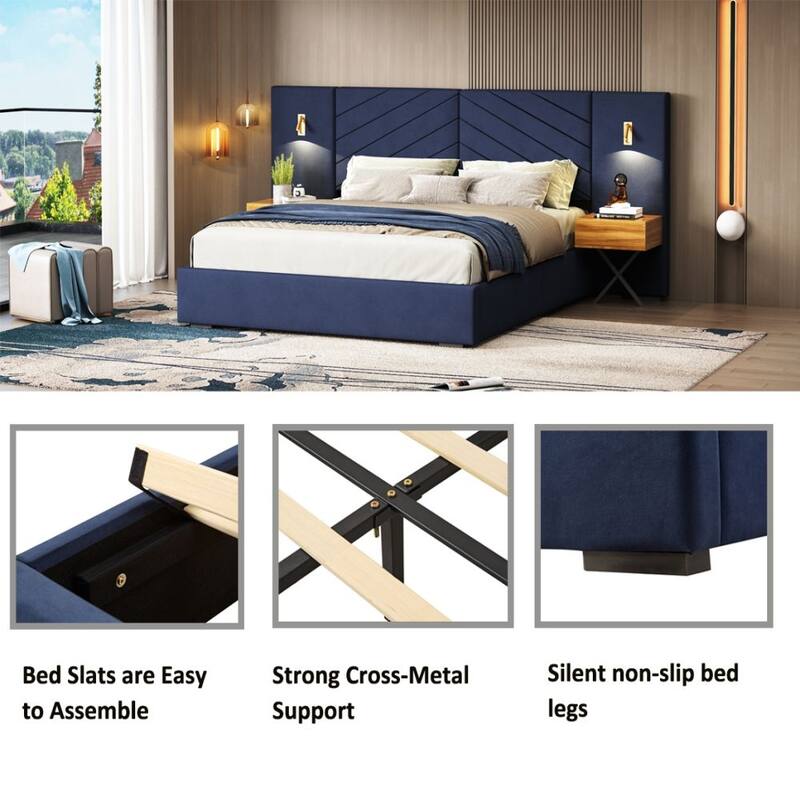 Strong Wooden Slats Upholstered Platform Bed