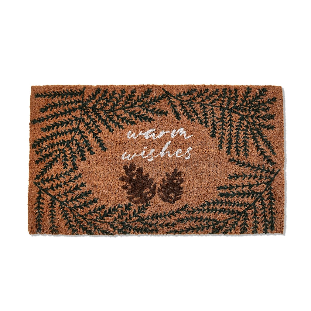 1'6" x 2'6" Warm Wishes Sentiment Pine Cone Rectangle Indoor and Outdoor Coir Door Welcome Mat Green on Brown Background
