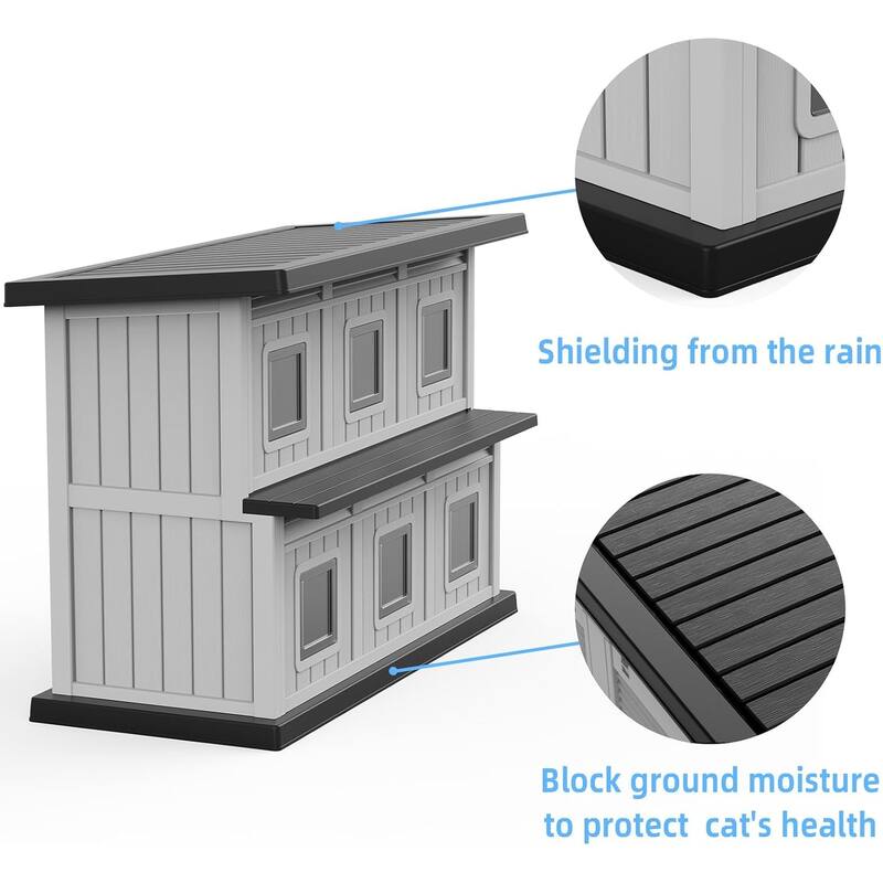 Two Storey Villa Style Sturdy Outdoor Cat House, Weatherproof Resin Shelter with 6 Windbreaks