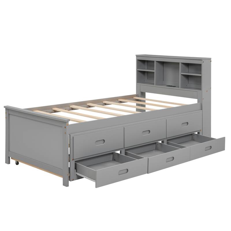 Platform Bed with Storage Headboard, USB, Twin Size Trundle and 3 Drawers