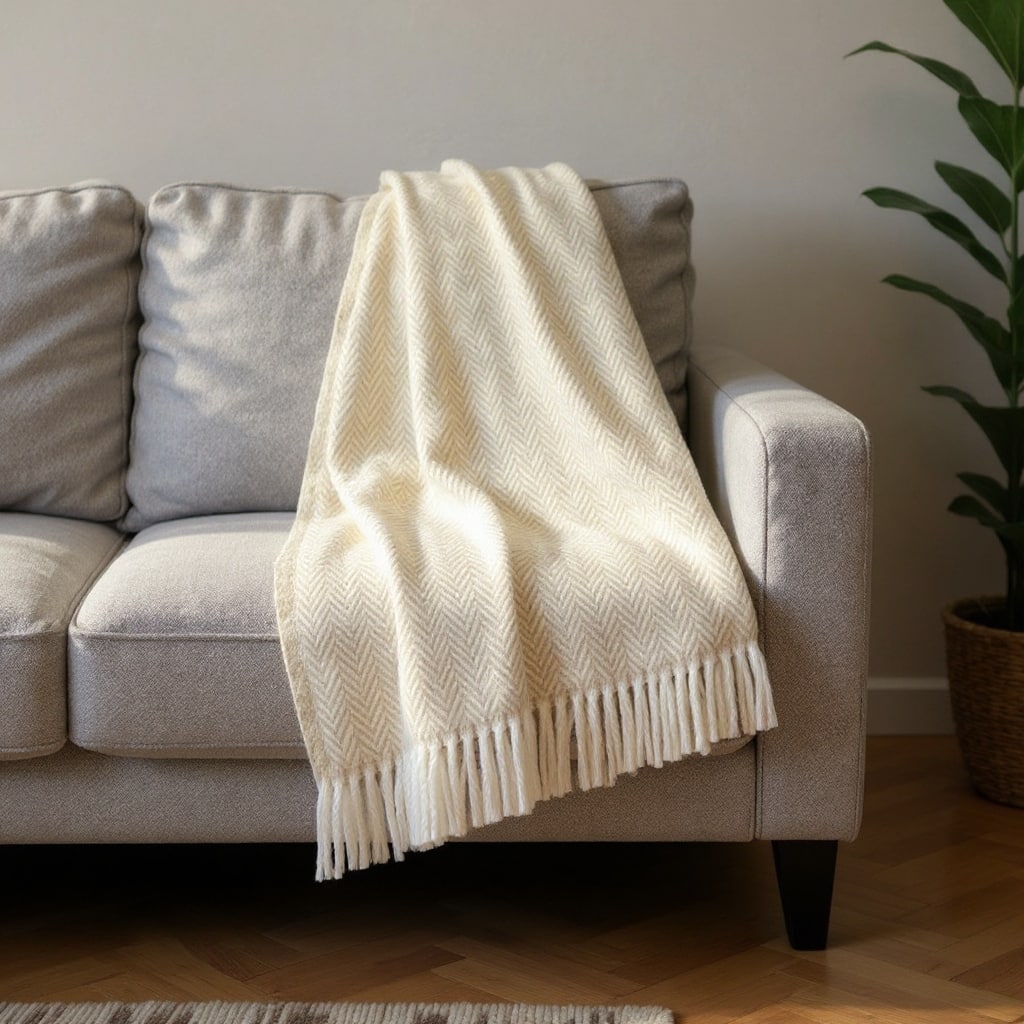 HomeRoots 50" X 67" Linen And White Cotton Blend Herringbone Throw Blanket with Fringe