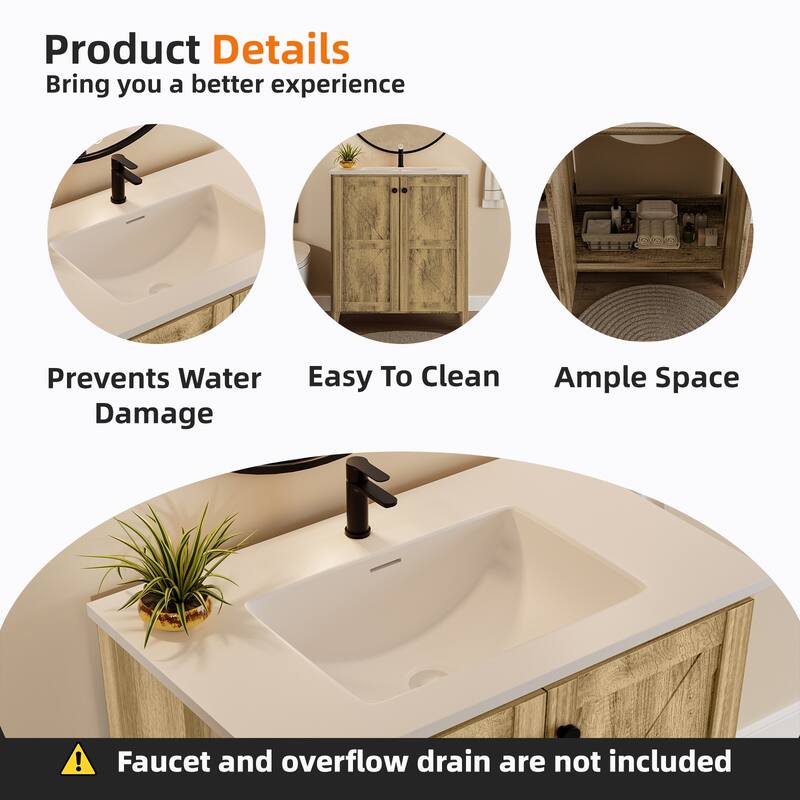 30 Inch Folding Bathroom Floor Cabinet with Ceramic Sink, 1-Minute Tool-Free Install, Space-Saving Freestanding Vanity