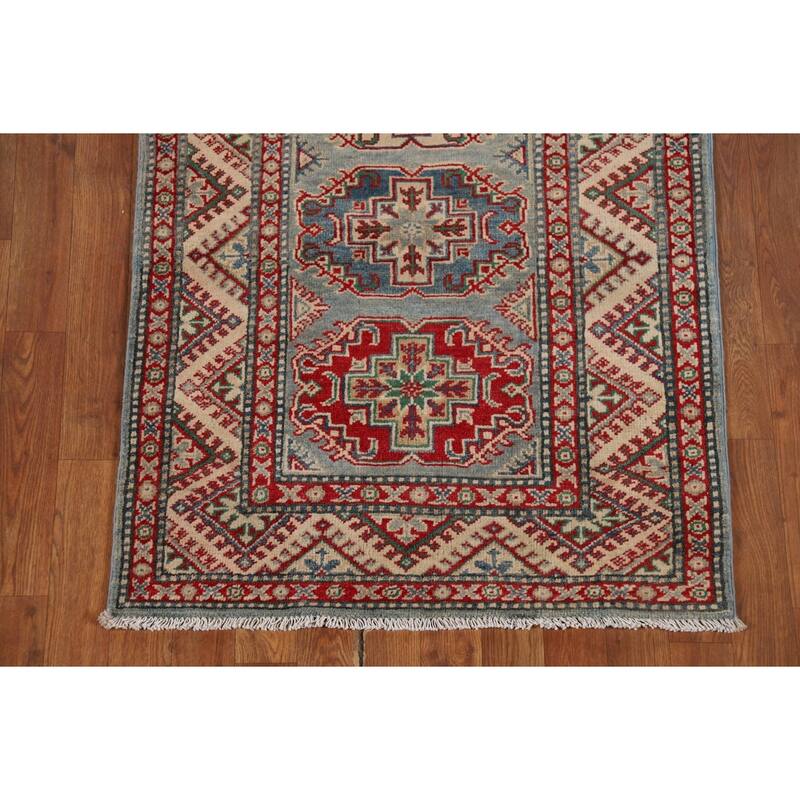 Light Blue Kazak Runner Rug Handmade Oriental Wool Carpet - 2'9" x 12'3"