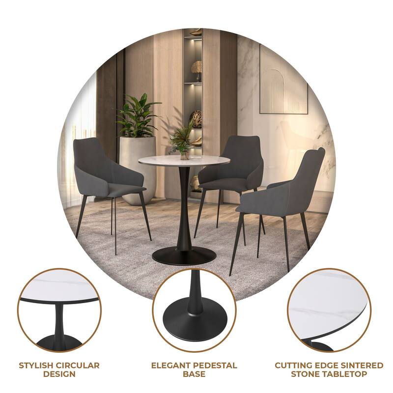 Bristol 24" Round Minimalist Dining Table for 4, Sintered Stone Top & Black Iron Pedestal Base for Kitchen & Dining Room