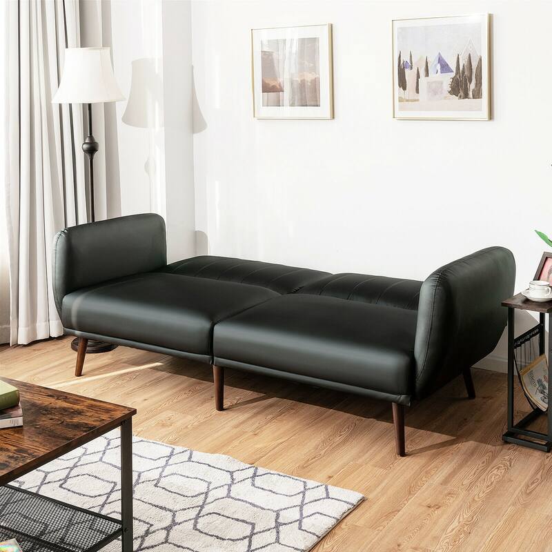 Gymax Convertible Futon Sofa Bed PU Adjustable Couch Sleeper w/Wood