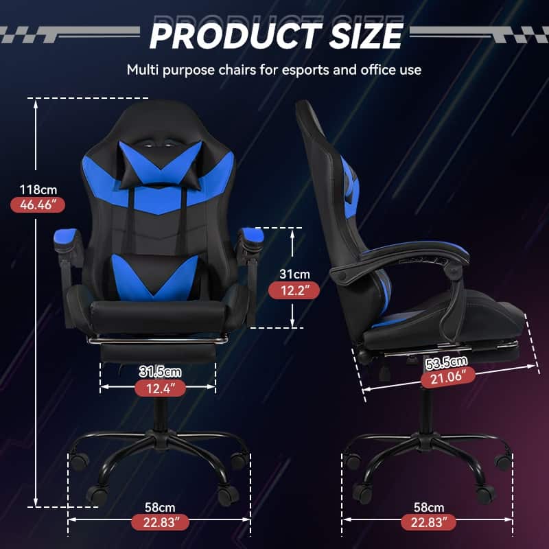 Gaming Chair Black-Blue - Ergonomic PU Seat w/Adjustable Armrests & Metal Legs​