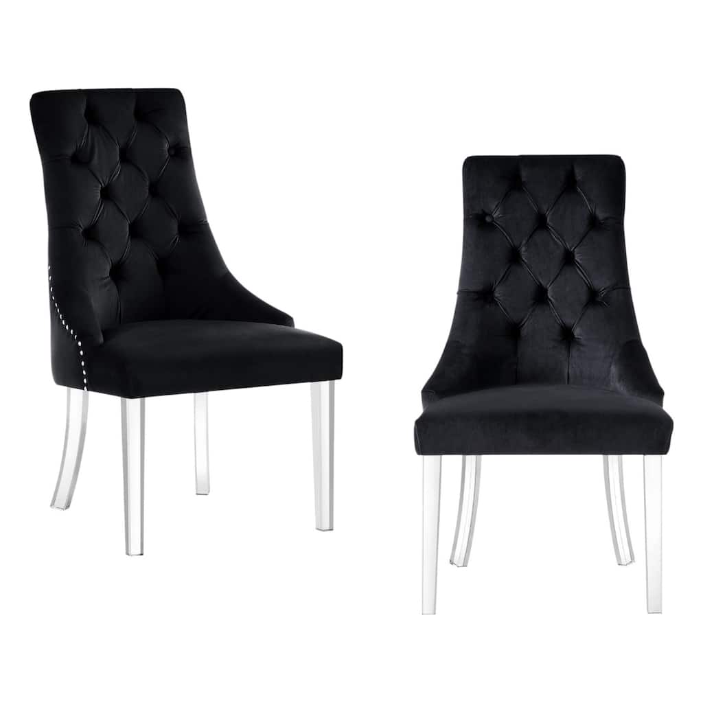 Set of 2 Tufted Velvet Black Upholstery Dining Chairs with Nailhead Trim and Clear Legs for Living Room