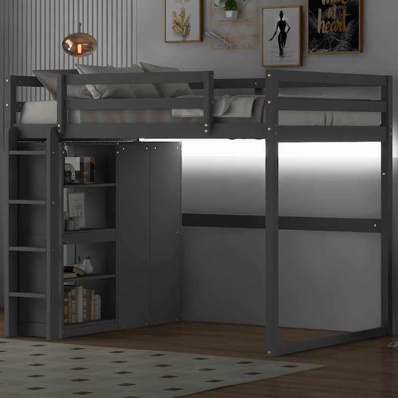 Full Size Loft Bed with Built-in Wardrobe, Storage Shelves & LED Lighting, Space-Saving Gray Wood Design