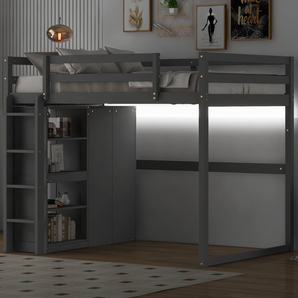 Full Size Loft Bed with Wardrobe, Storage Shelves, and LED Light - Modern Gray Design