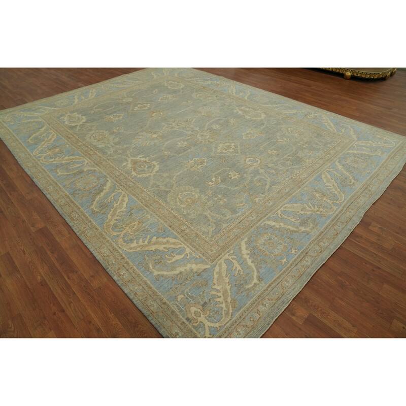 Handmade Gray Oushak Vegetable Dye Area Rug, Floral Geometric Carpet - 12' 1'' X 9' 1''