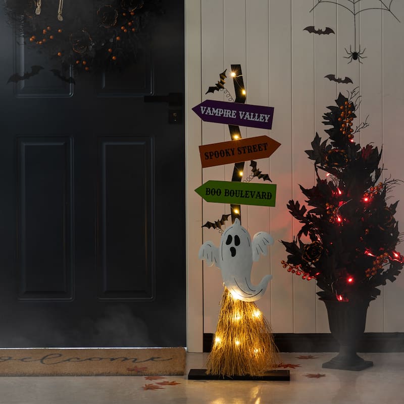Outdoor 41.75"H Halloween Wooden Witch's Broom Ghost's Broom Standing Porch Decor