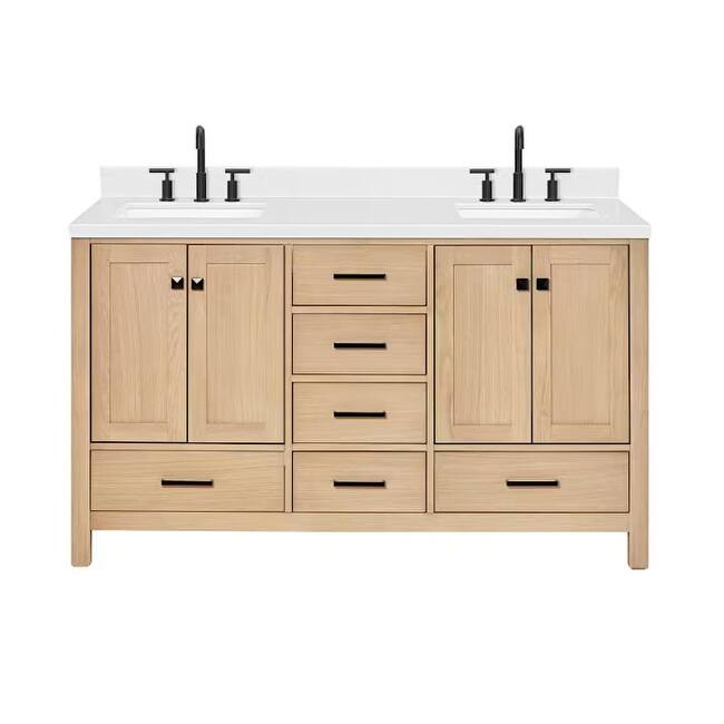 Ariel A060DCQRVO Cambridge 60" Free Standing Double Basin Vanity Set - Oak / Carrara White Quartz Top / Matte Black