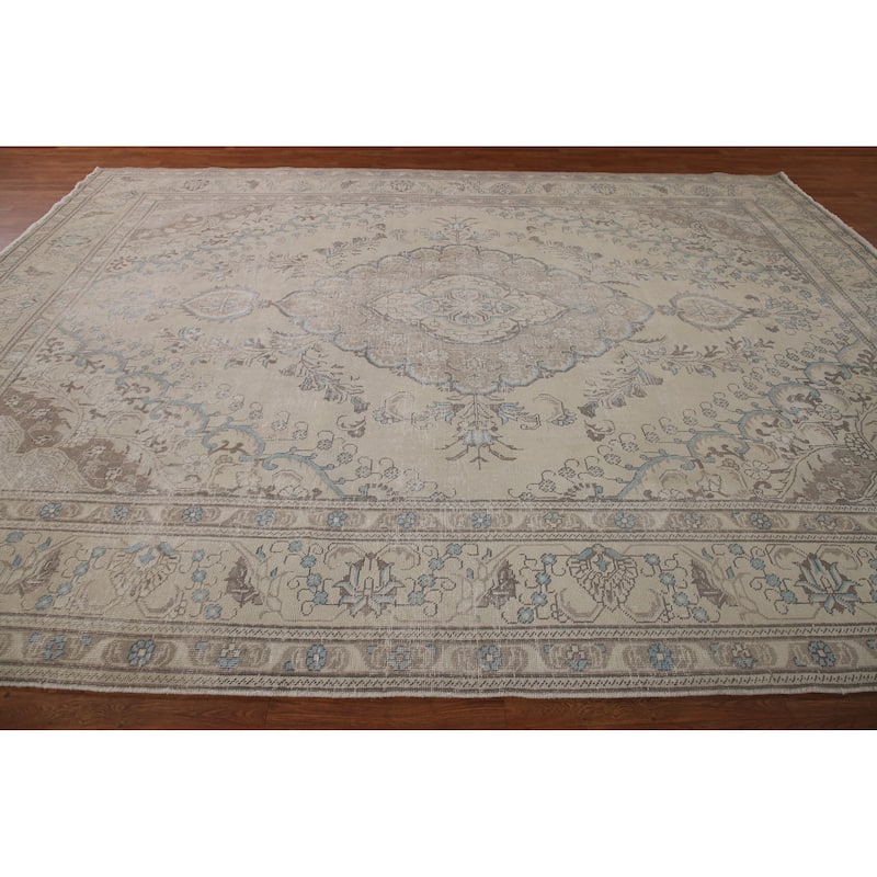 Distressed Traditional Tabriz Persian Vintage Rug Handmade Wool Carpet - 9'7" x 12'4"