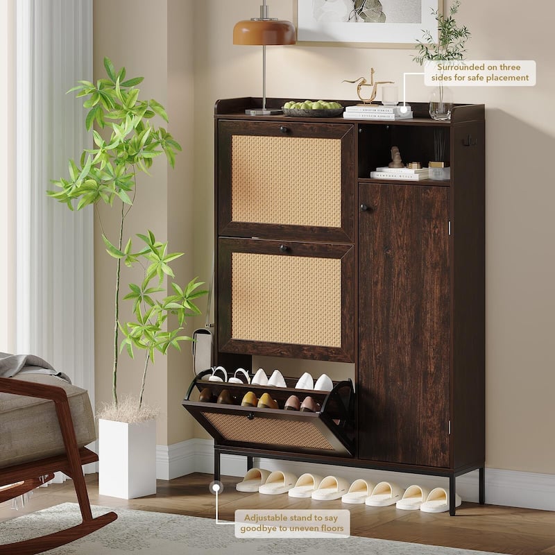 3-Tier Shoe Storage Cabinet with Rattan Doors and Adjustable Compartments