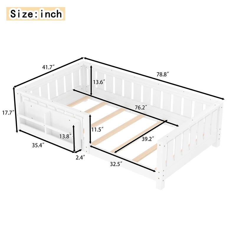 Montessori Floor Bed Low Profile Kids Bed with Rails & Bookshelf