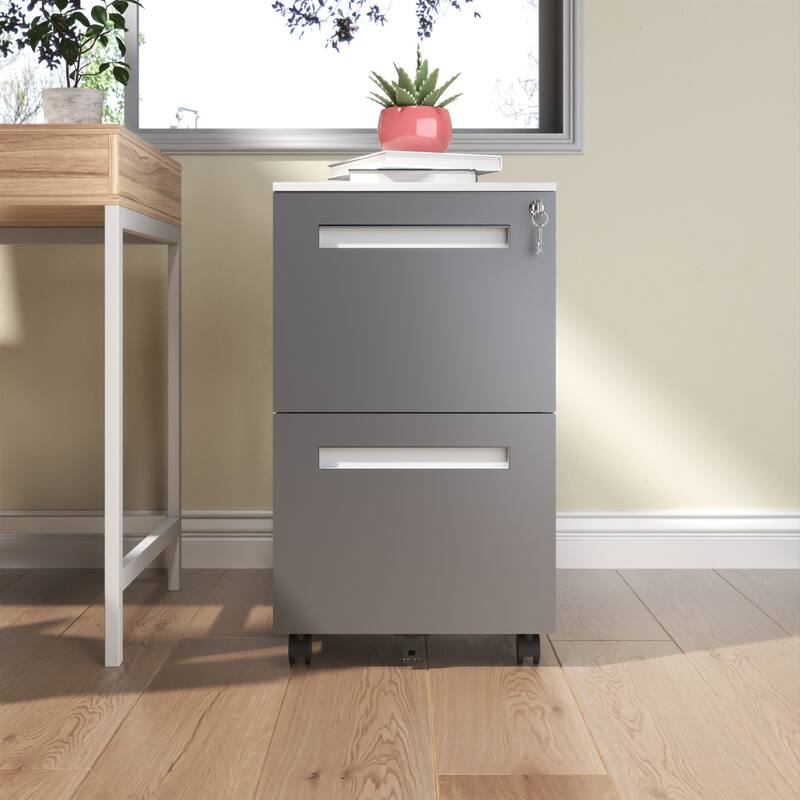 Modern Filing Cabinet 2-Drawer Mobile File Cabinet with Lock and 360° Swivel Wheels, for Office and Home Use, White