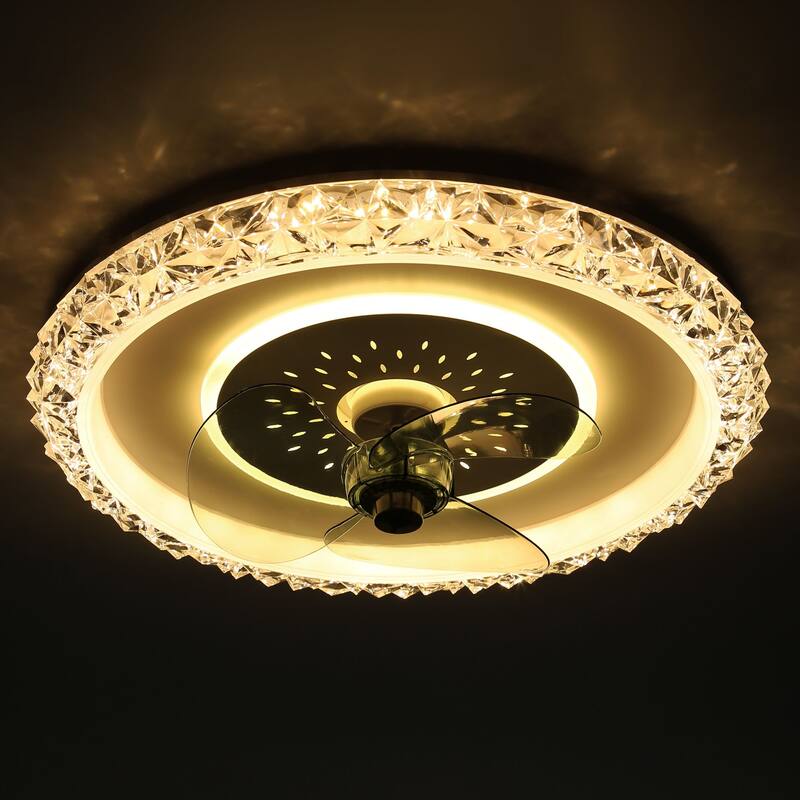 20" Oaks Aura Glam Crystal Low Profile Ceiling Fan with Light, 6- Speed Flush Mount Ceiling Fan With Remote - White