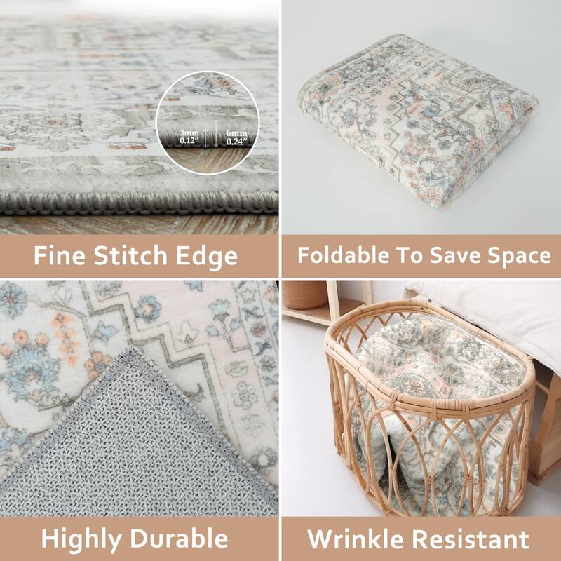 DriftAway Area Rug Washable Rugs for Living Room Non Slip Rubber Backing Low Pile Non Shedding Boho Foldable Vintage Rugs