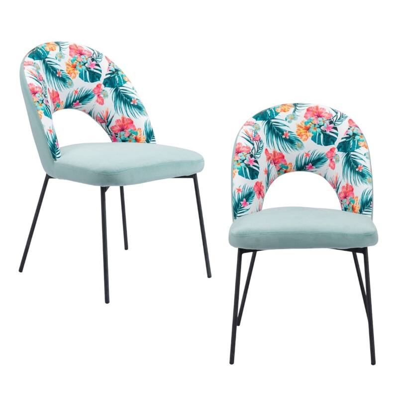 HomeRoots Set of Two Green and Black Velvet And Steel Tropical Floral Dining Side Chairs - 20.00 in. x 33.50 in. x 24.00 in.