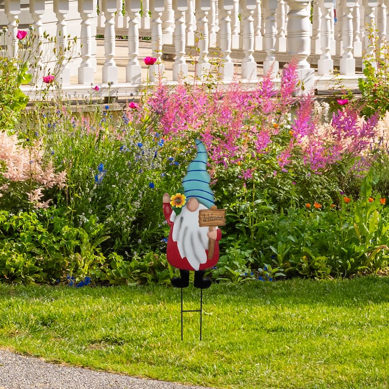 Welcome Gnome Outdoor Garden Stake - 22" - Red