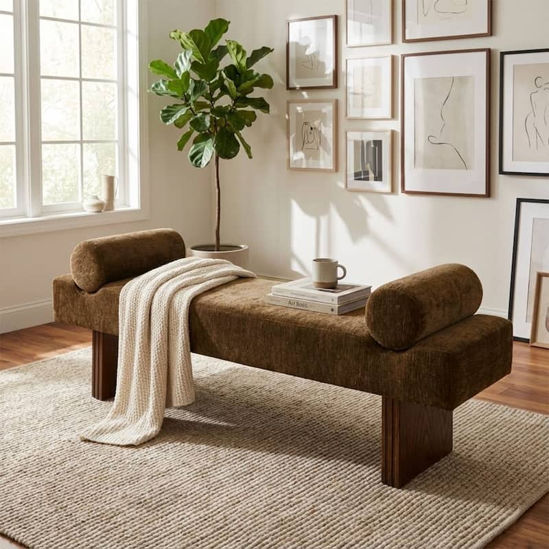 60" Upholstered Bedroom and Entryway Bench with Bolster Pillows - Brown