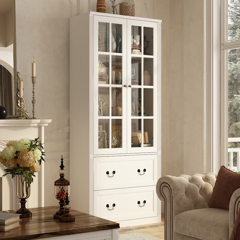 China Cabinet Tempered Glass Doors Storage Cabinet White Tall Bookcase