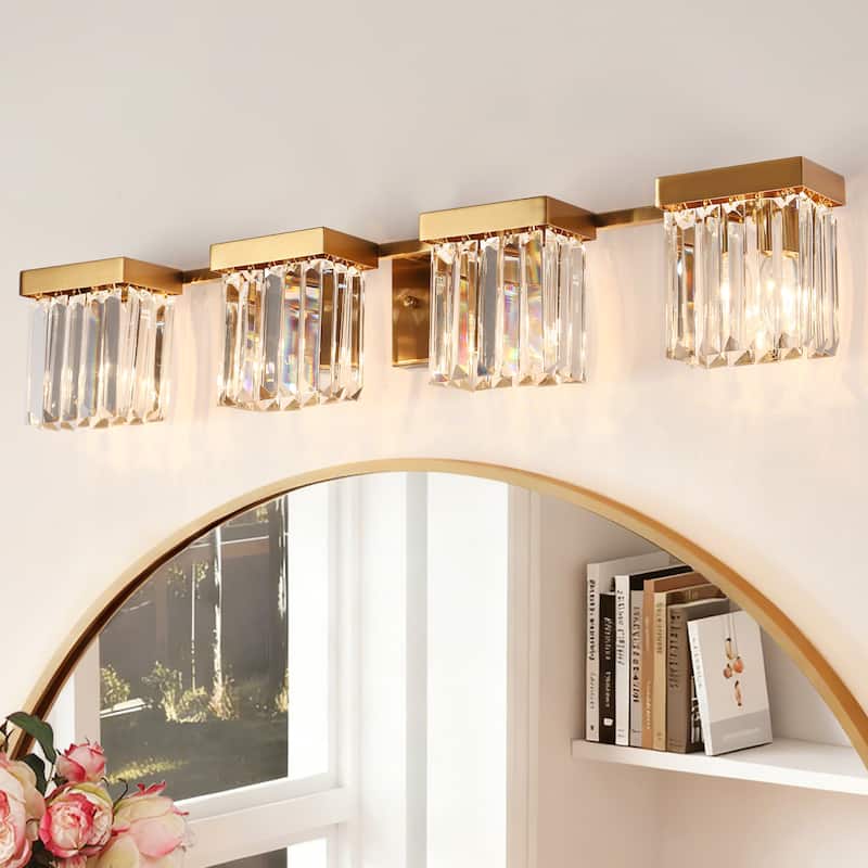 Diore Modern 4-Light Crystal Bathroom Vanity Light Gold Linear Wall Sconce - Brass Gold - L31.5"*W5.7"*H5.9"