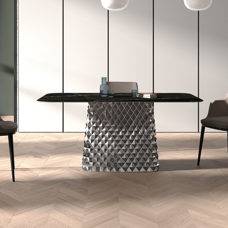 Modern Rectangle Stone Stainless Steel Hydrographic Mirror Pedestal Dining Table - 8 Seats - Black