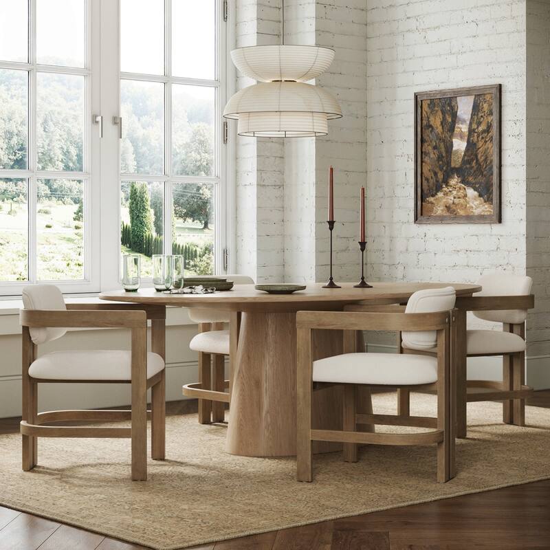 Veya Modern Boucle Dining Chair with Curved Back, Full Armrests, and Solid Wood Legs