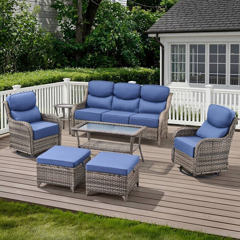 Meyreso 7-Piece Wicker Patio Conversation Set with Swivel Gliders and 6-Inch Thick Cushions