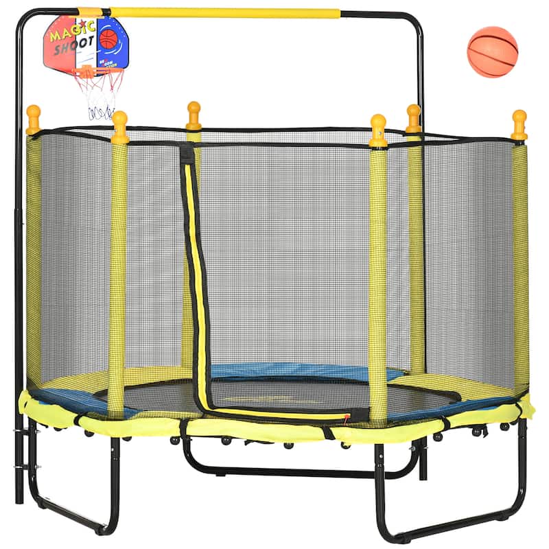 Qaba 4.6' Kids Trampoline with Basketball Hoop, Horizontal Bar, 55" Indoor Trampoline with Net - Yellow