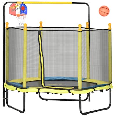 Qaba 4.6' Kids Trampoline with Basketball Hoop, Horizontal Bar, 55" Indoor Trampoline with Net