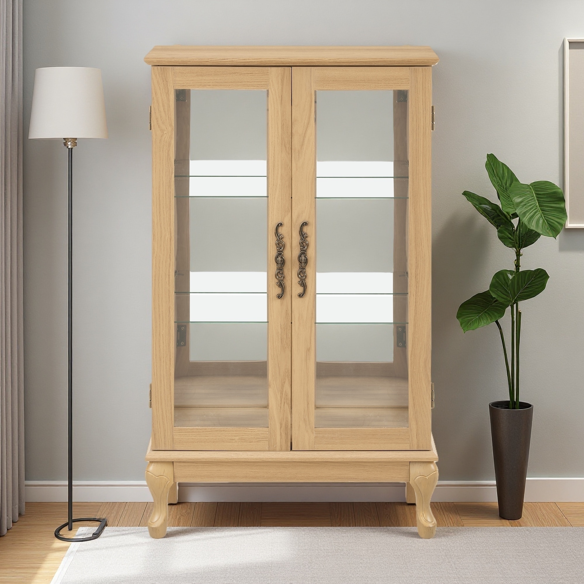 43.79"H Glass Curio Cabinet, 2 Doors, Adjustable Shelves, Mirrored Back, Lighted